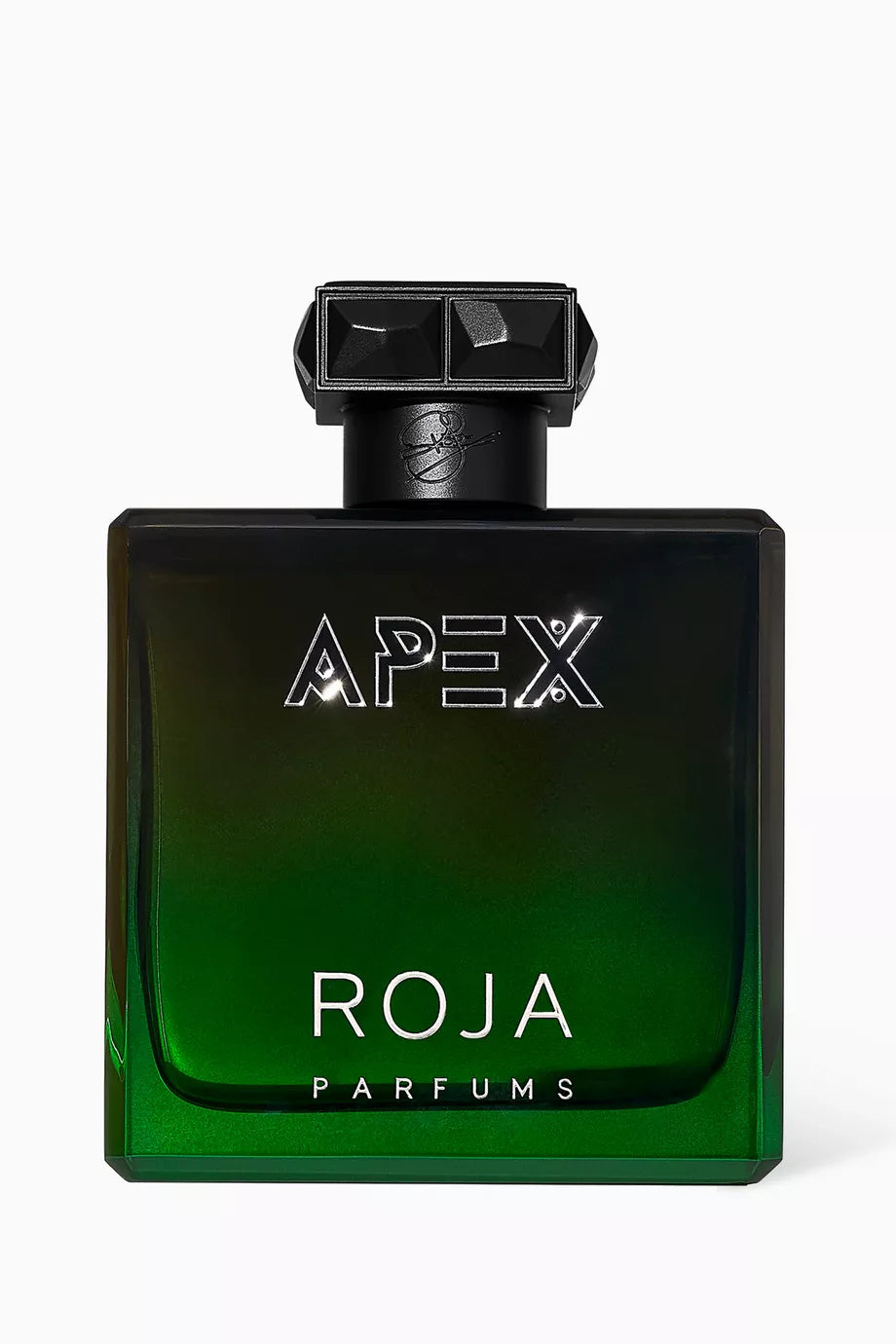 Green perfume bottle labeled 'APEX' by 'ROJA PARFUMS' on a white background