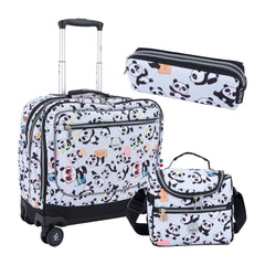 Wires Mist Panda 8 Wheels School Bag Trolley Set of 4(Lunch Bag & Pencil Case)+Lunch Box