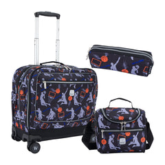 Wires Basketball 8 Wheels School Bag Trolley Set of 4(Lunch Bag & Pencil Case)+Lunch Box