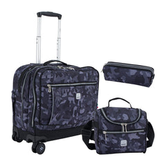 Wires Navy Camouflage 8 Wheels School Bag Trolley Set of 4(Lunch Bag & Pencil Case)+Lunch Box