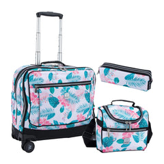 Wires Tropical Leaves 8 Wheels School Bag Trolley Set of 4(Lunch Bag & Pencil Case)+Lunch Box