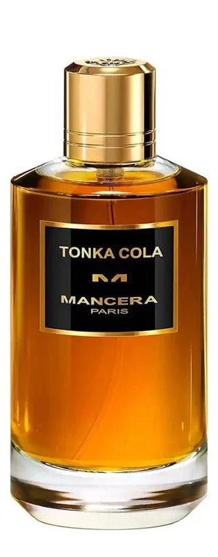 Mancera Tonka Cola perfume bottle with amber liquid, a black label with gold lettering, and a shiny gold cap, isolated on a white background.
