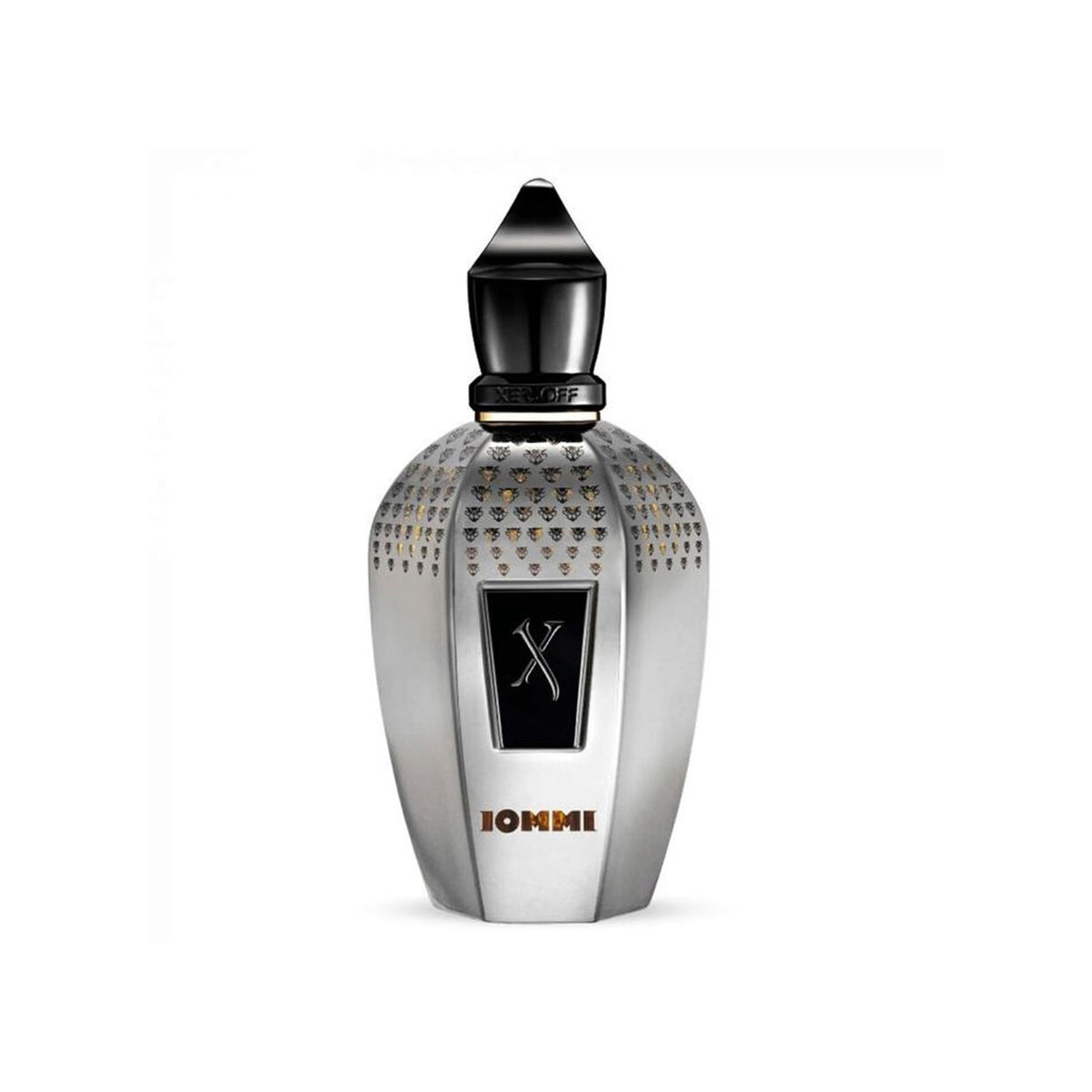 A silver metallic perfume bottle with a black cap and a black label featuring a silver 'X' logo, with the brand name 'IOMMI' printed in gold below the label. The bottle is decorated with small gold heart patterns along the sides. Hauptbild