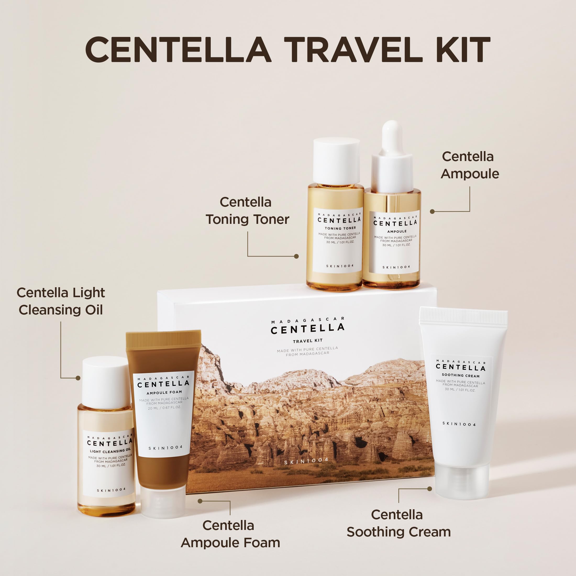 SKIN1004 Madagascar Centella Even Tone Kit, Foam 20ml+ Toner 30ml+ Ampoule 30ml+Cream 30ml+ Cleansing Oil 30ml - Al Himyan Perfumes | عطور هميان | Oud & Luxury Fragrances - SKIN1004