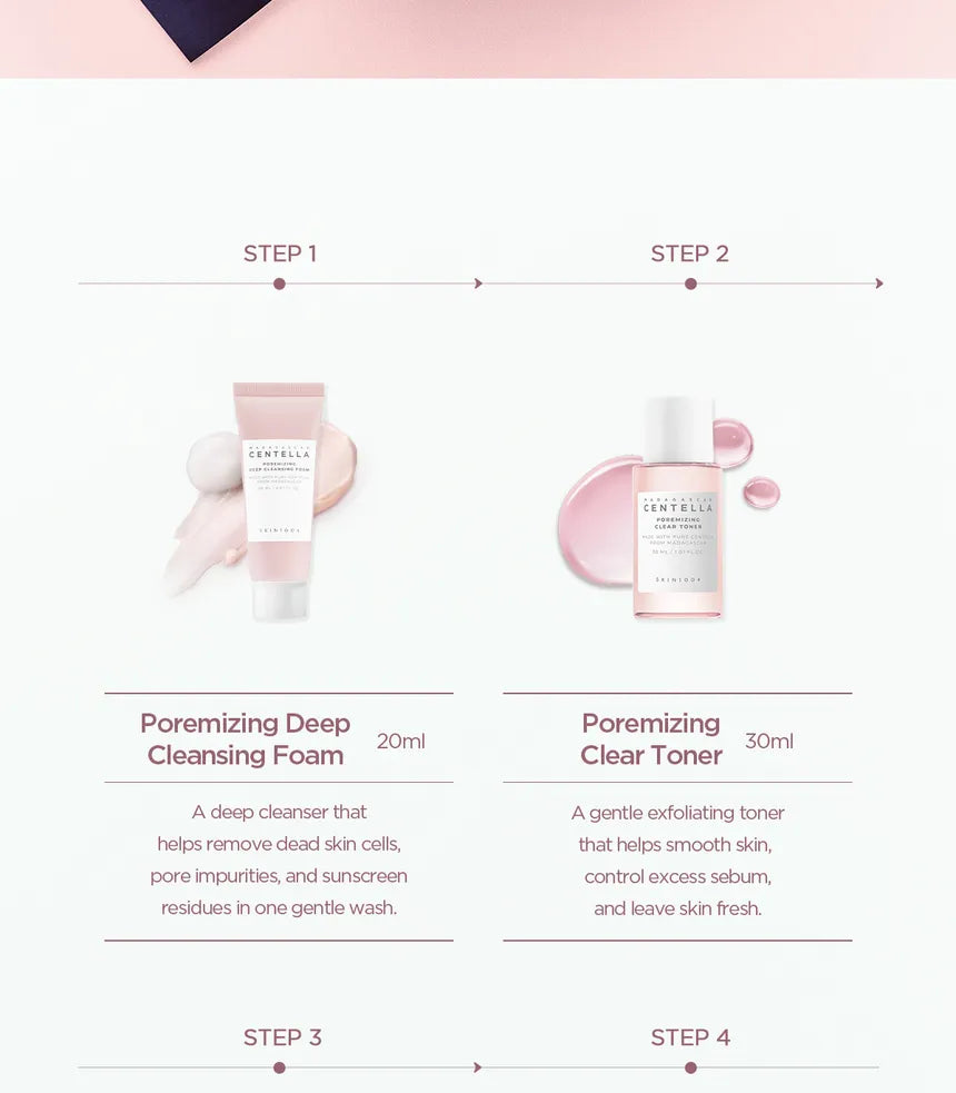SKIN1004 Madagascar Centella Poremizing Travel Kit,  Foam 20 ml+ Gel Cream 30 ml+ Ampoule 30 ml+ Toner 30 ml