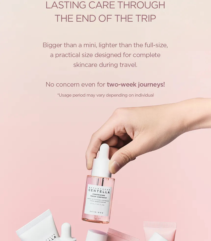SKIN1004 Madagascar Centella Poremizing Travel Kit,  Foam 20 ml+ Gel Cream 30 ml+ Ampoule 30 ml+ Toner 30 ml