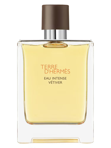 Perfume bottle of Terre d'Hermes Eau Intense Vetiver on a white background