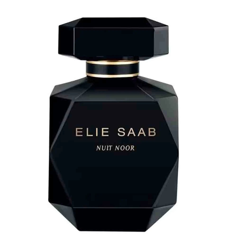 Black Elie Saab Nuit Noor perfume bottle on a white background