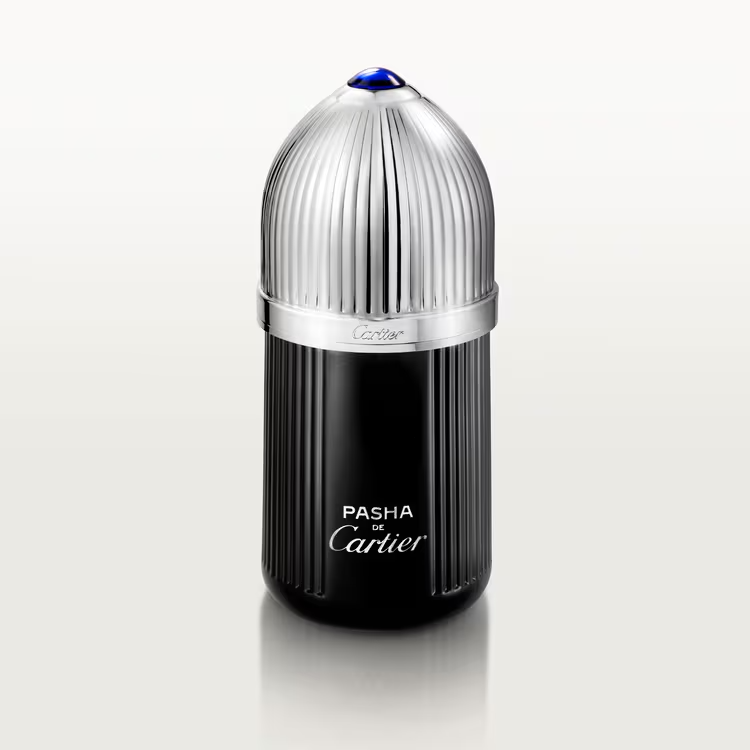 Pasha de Cartier perfume bottle on a white background
