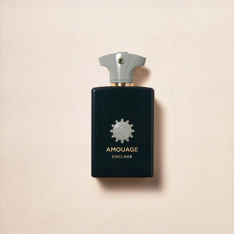 Amouage Enclave perfume bottle on a beige background