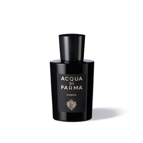 Black Acqua di Parma Ambra perfume bottle on a white background