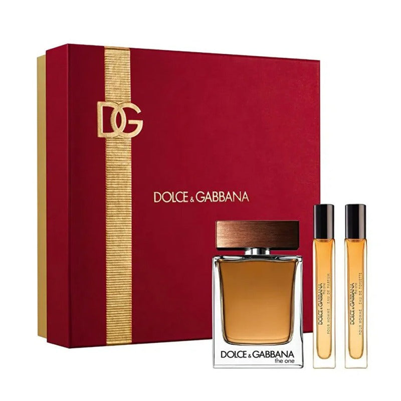 Dolce & Gabbana perfume set with a red box and two bottles on a white background