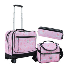 Wires Pink Flamingo 8 Wheels School Bag Trolley Set of 4(Lunch Bag & Pencil Case)+Lunch Box