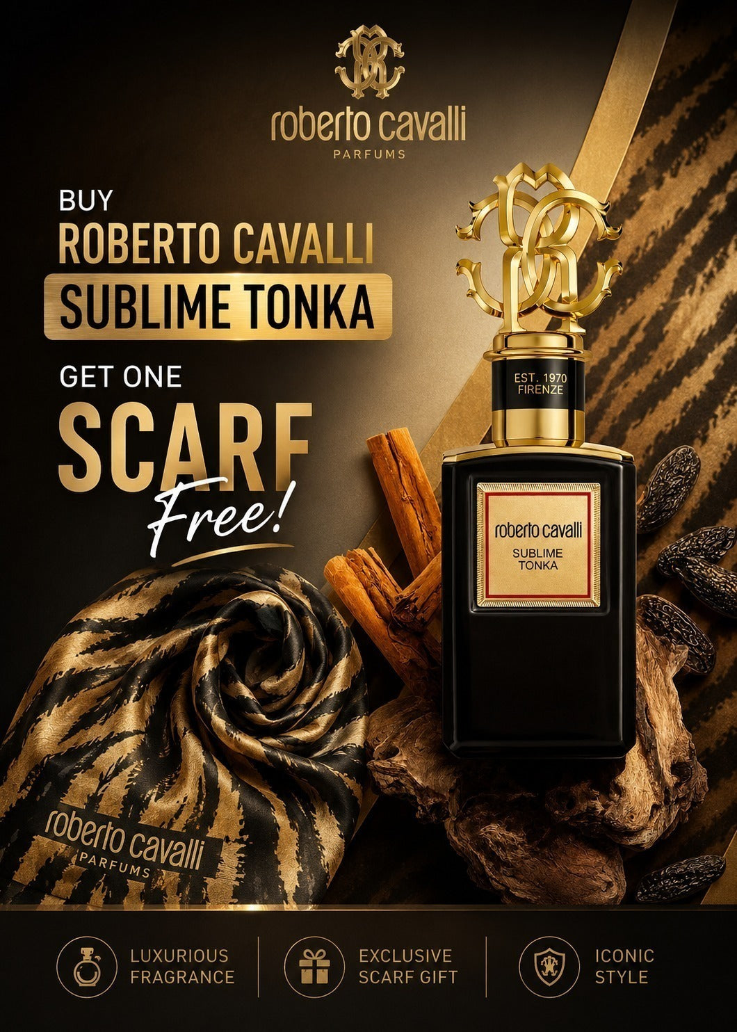 Buy Roberto Cavalli Sublime Tonka and get a free Roberto Cavalli Parfums scarf