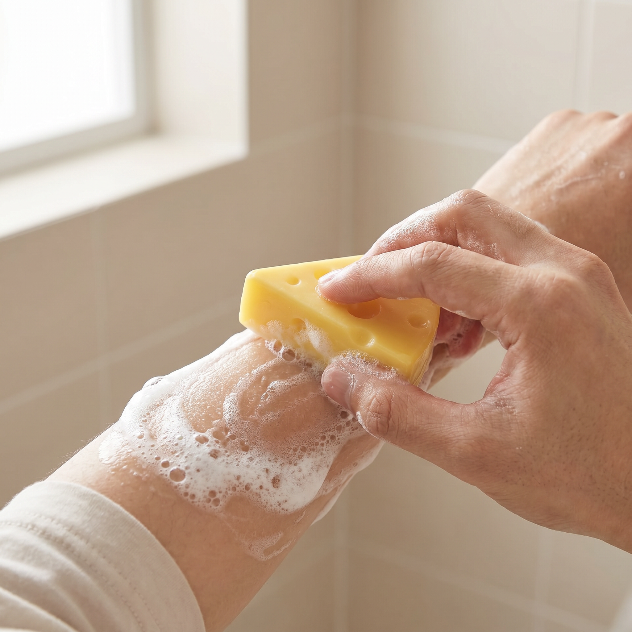 Cheese Triangle Mite-Repellent Soap being applied to skin with rich lather