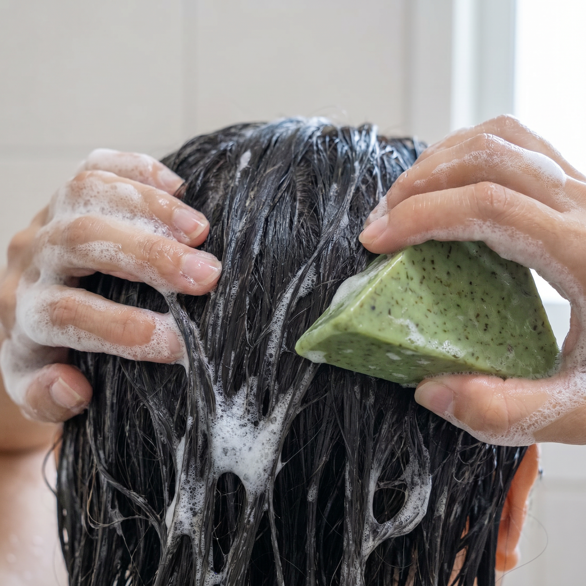 Usuma Grass Seven Green Shampoo Soap being lathered into hair