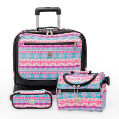 Wires 3 Pieces Set - 4 Wheels School Bag trolley with Lunch Bag + Pencil Case African Pink Design